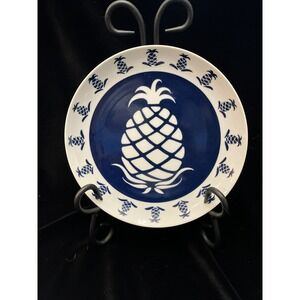 Vintage Curzon Pineapple Plate Cobalt Blue White Welcome Japan 8.25 Inch